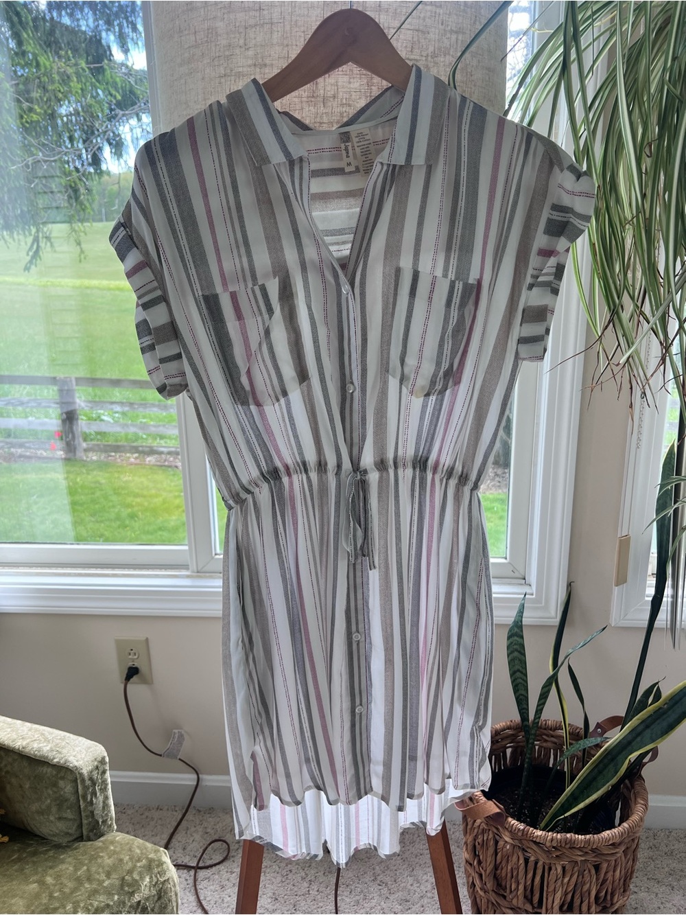 Japna Striped Button-Front Midi Dress in White, Gray, Pink